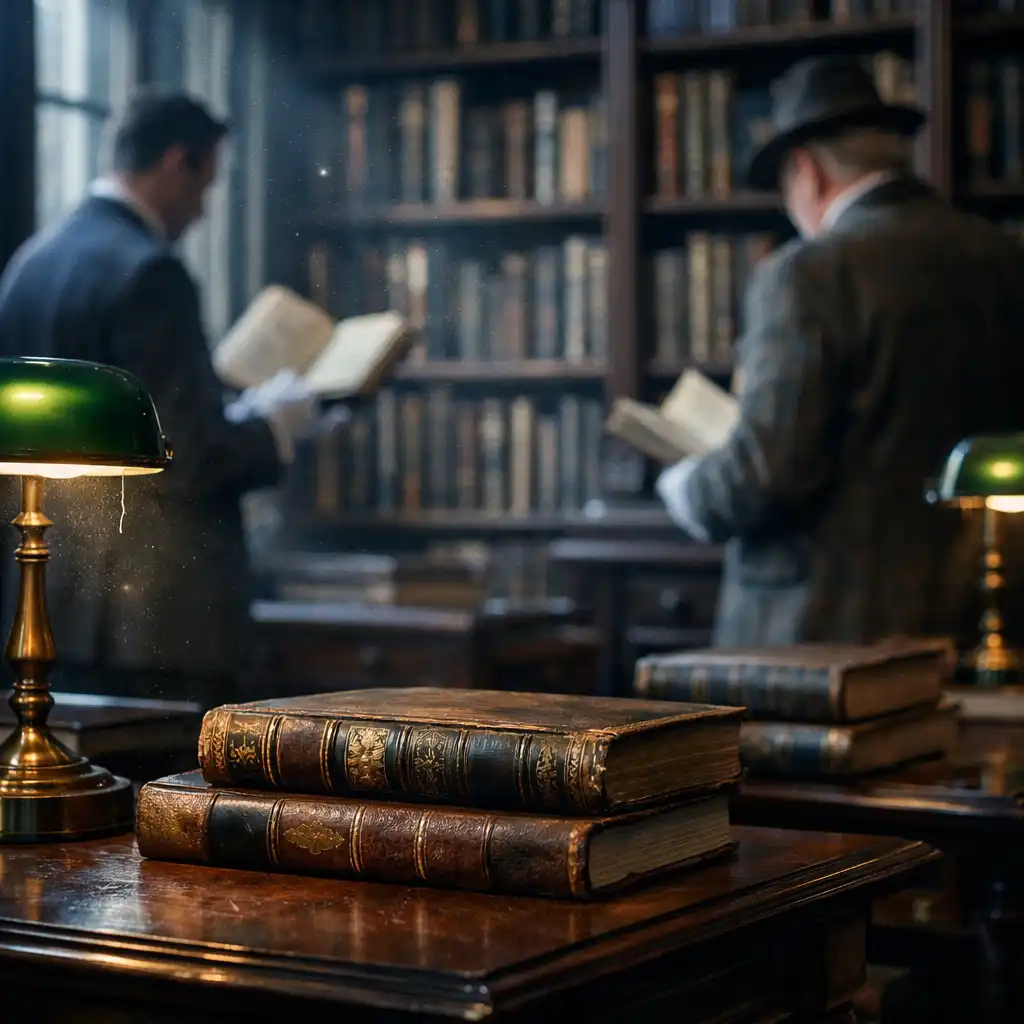 Interior de una biblioteca privada estilo Grolier Club en Nueva York con libros antiguos encuadernados en cuero y lámparas clásicas.