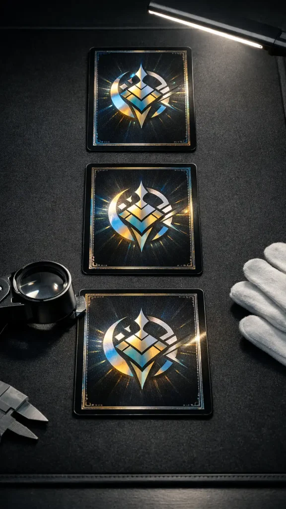 Inspección profesional de la condición de una carta de colección mostrando comparación entre ejemplares pristine, near-mint y con desgaste bajo criterios técnicos de evaluación.