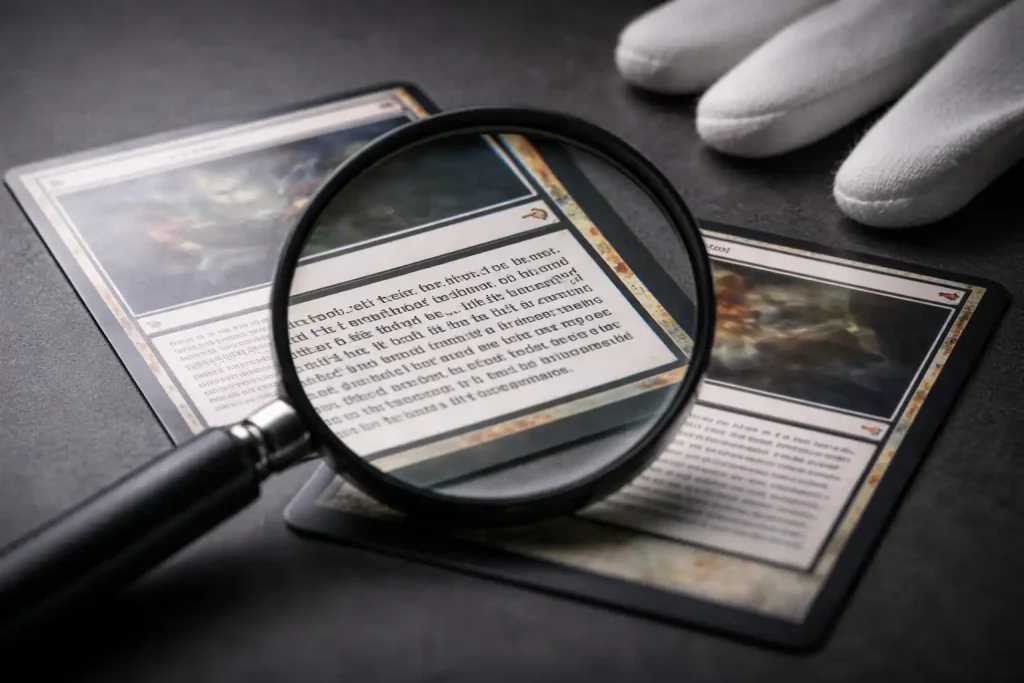 Inspección detallada de una carta coleccionable con lupa para verificar la calidad de impresión y detectar posibles falsificaciones.