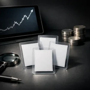 Espacio de trabajo editorial que representa la inversión alternativa con cartas protegidas, gráfico de mercado, lupa y fichas metálicas en un entorno financiero sofisticado.