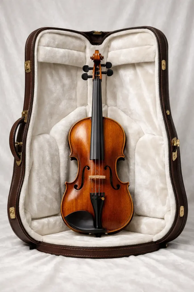 Violín clásico estilo Stradivarius exhibido en un estuche de lujo, imagen editorial representativa del histórico violín Lady Blunt fabricado por Antonio Stradivari en 1721.