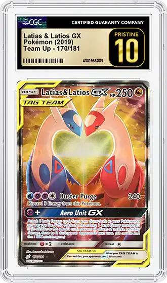 Carta Pokémon Latias & Latios GX 170/181 certificada CGC Pristine 10 en cápsula de grading, con ilustración alternativa y acabado holográfico.