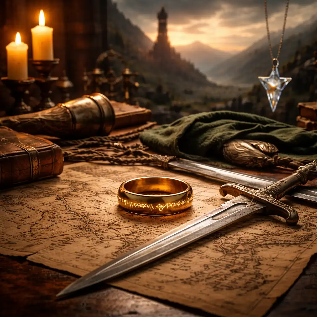 Composición inspirada en The Lord of the Rings con anillo dorado y mapa antiguo sobre mesa de madera, representando el récord de subasta alcanzado en 2025.