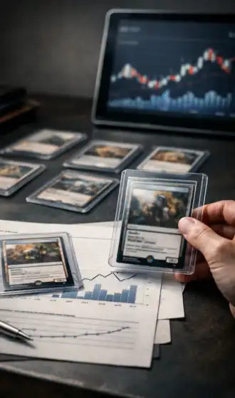 Escritorio de coleccionista analizando cartas de colección con gráficos de mercado en una tablet, representando valoración basada en datos.