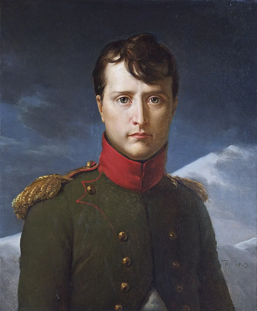 Retrato histórico de Napoleón Bonaparte con uniforme militar verde y fondo montañoso, circa 1813