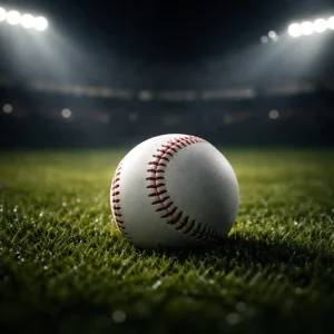 Pelota de béisbol sobre césped iluminado en un estadio nocturno, representando una pieza histórica de memorabilia deportiva asociada a inversiones millonarias.