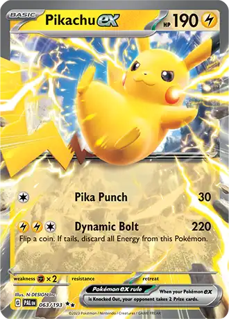 Cómo saber si una carta Pokémon es valiosa Carta Pikachu ex tipo eléctrico con fondo de rayos y ataque Dynamic Bolt del Pokémon Trading Card Game