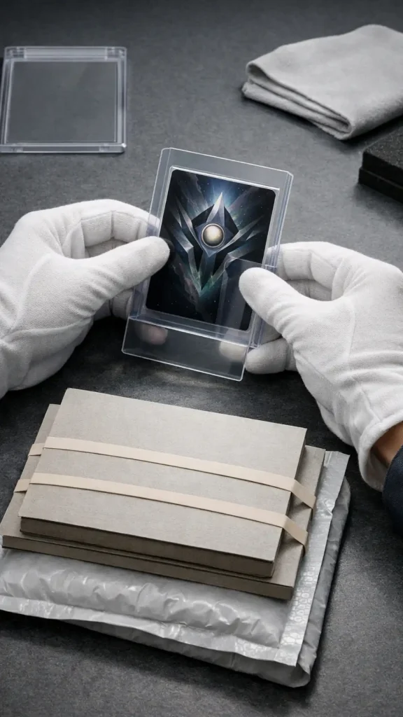 Manos con guantes colocando una carta de colección en funda protectora con materiales de embalaje archivístico para almacenamiento y envío seguro.