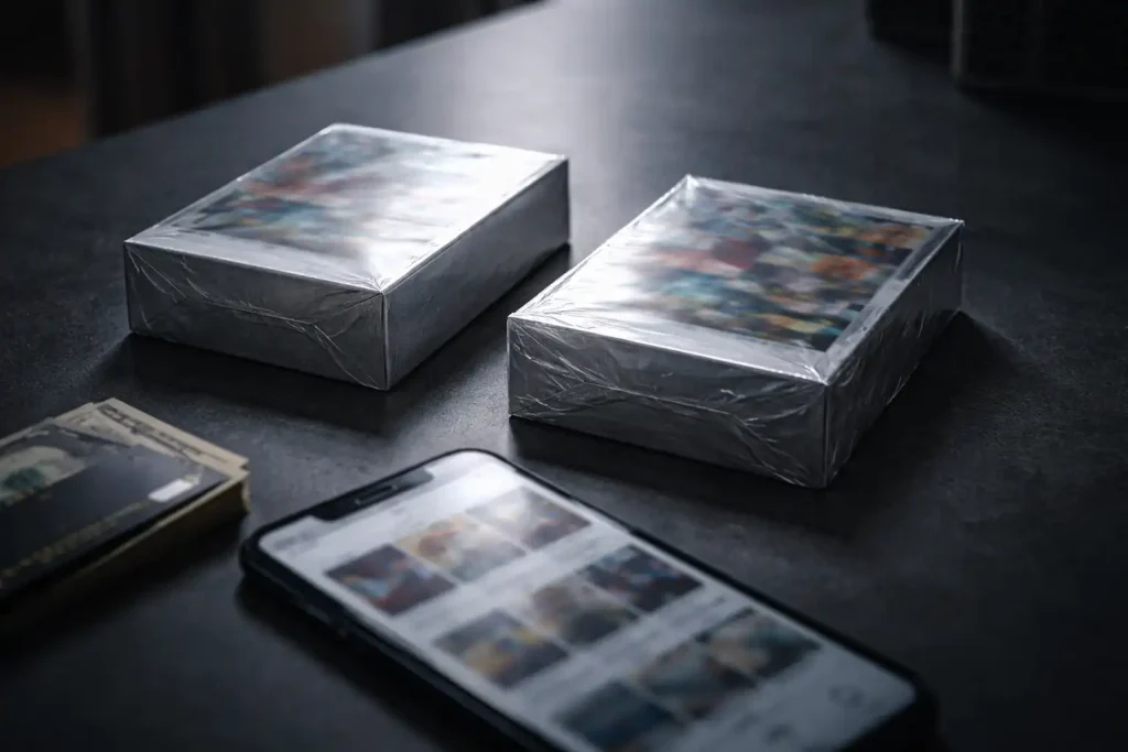 Comprador evaluando cajas selladas de cartas coleccionables junto a un smartphone antes de realizar una compra.