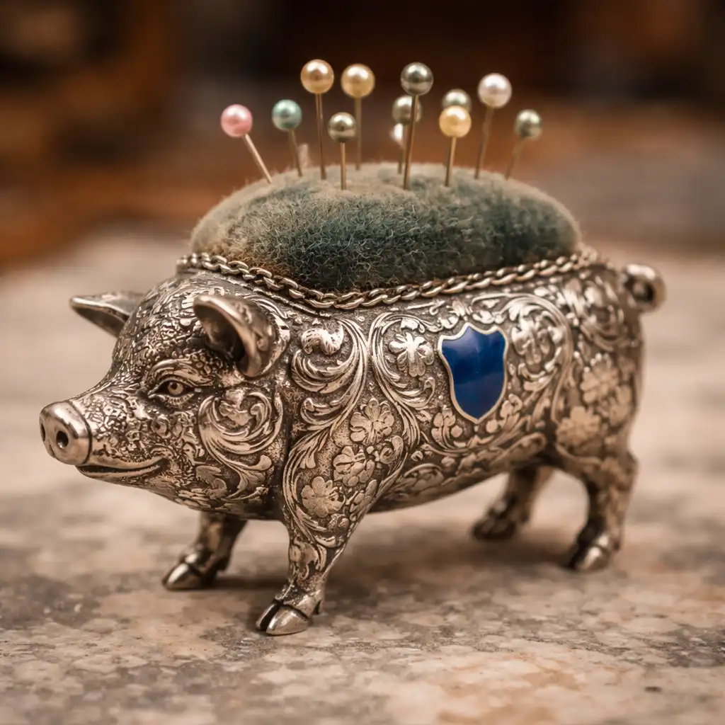 Cojín de alfileres antiguo de plata con diseño victoriano en forma de animal y cojín de terciopelo, pieza coleccionable de finales del siglo XIX.