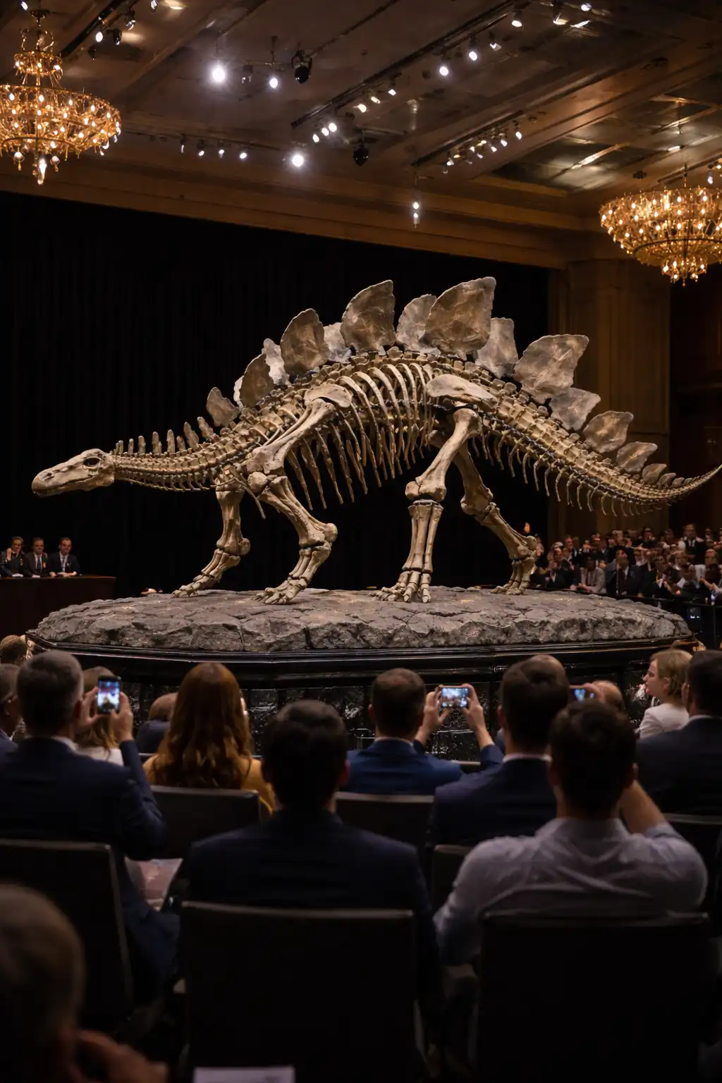 Esqueleto completo de Stegosaurus exhibido en una subasta pública con asistentes observando en sala elegante.