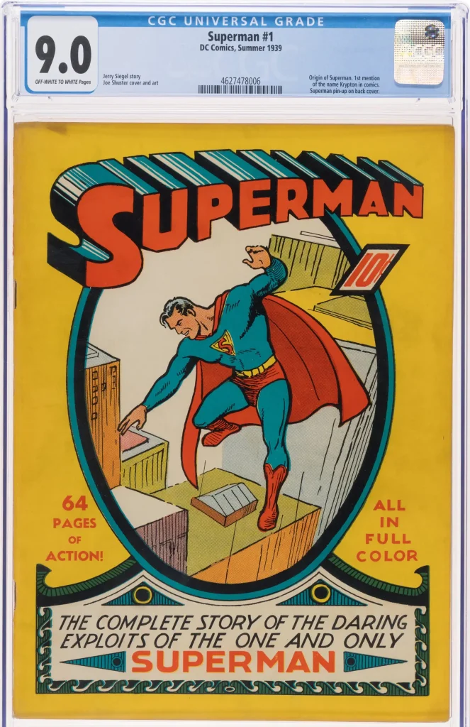 Ejemplar del cómic Superman No. 1 de 1939 con calificación CGC 9.0, considerado el cómic más caro jamás vendido en subasta.