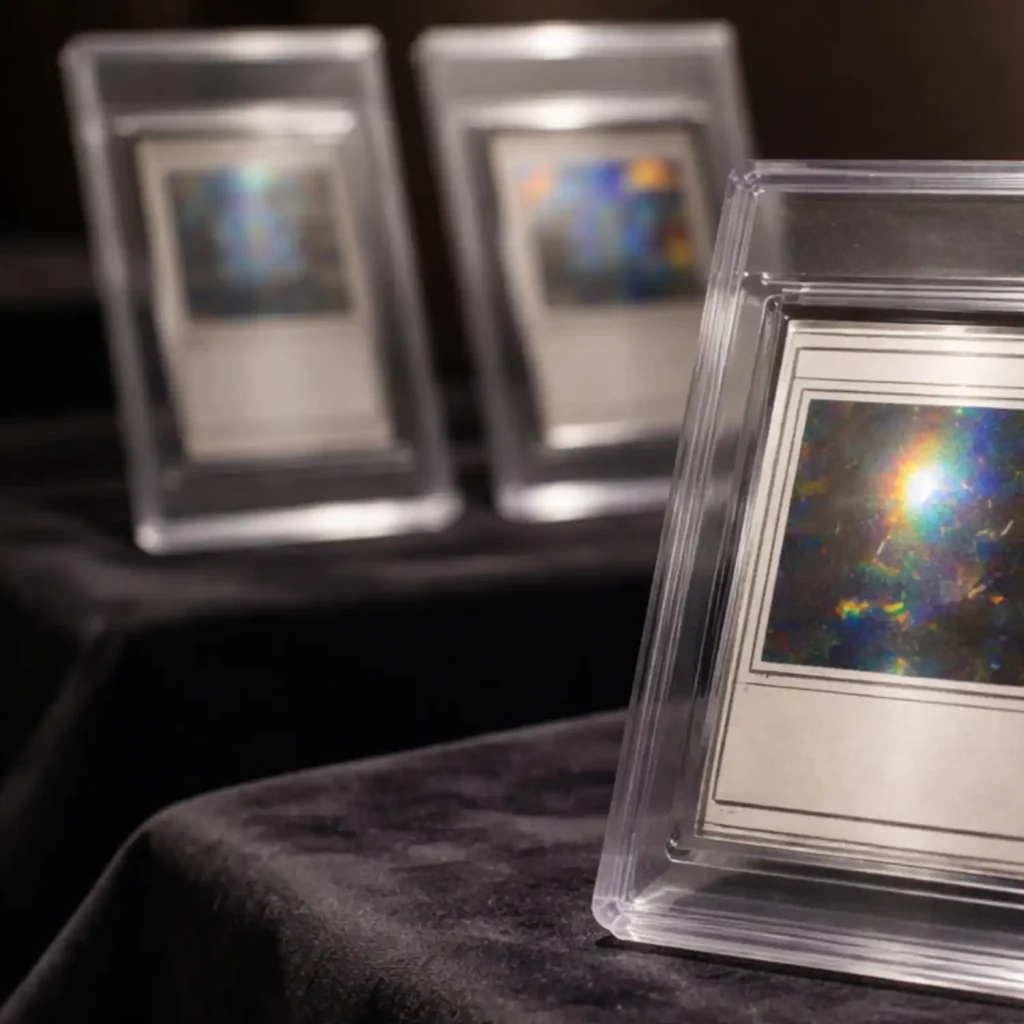 Tarjetas coleccionables valiosas certificadas en slabs transparentes exhibidas sobre terciopelo oscuro con iluminación estilo museo.