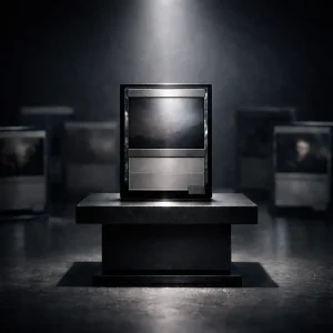 Carta coleccionable valiosa exhibida bajo un foco dramático en un entorno estilo subasta de lujo