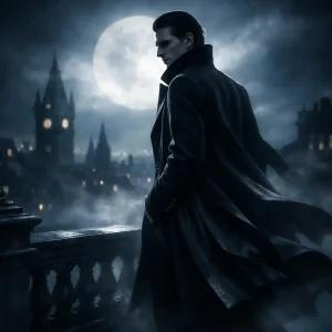 Vampiro aristocrático de pie en una azotea durante la noche, iluminado por la luna y rodeado de niebla, con una estética cinematográfica y editorial de lujo.