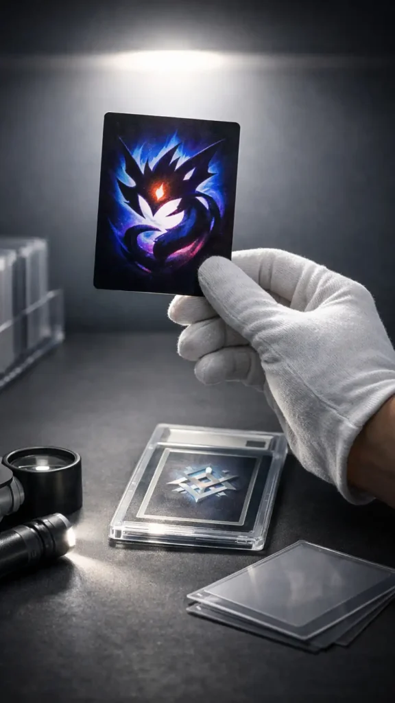 Mano con guante inspeccionando una carta coleccionable bajo luz intensa junto a herramientas de verificación para reducir el riesgo de falsificación.