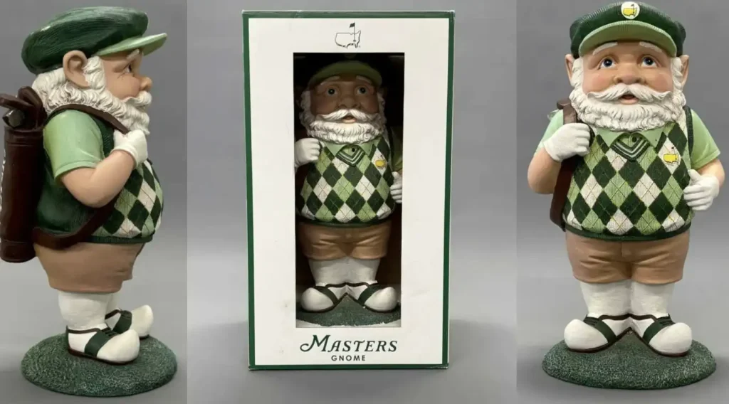 Collage del Masters Gnome 2016 original mostrado de perfil, en caja y de frente, figura coleccionable vendida en subasta pública por una cifra récord