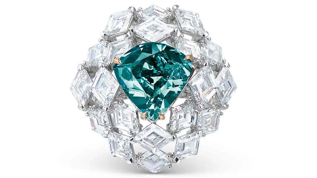 Anillo de lujo con diamante azul-verde Ocean Dream rodeado de diamantes blancos sobre fondo claro