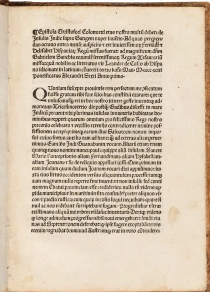 Primera página impresa en latín de la carta de Cristóbal Colón de 1493 anunciando la llegada a América, ejemplar vendido en subasta pública en 2023.