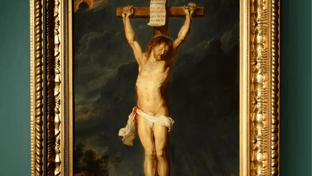 Pintura atribuida a Peter Paul Rubens que representa la crucifixión de Cristo, redescubierta en una mansión de París y autenticada mediante análisis científicos.