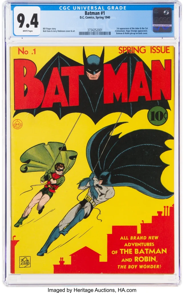 Comic Batman #1 de 1940 en condición CGC 9.4, primera aparición del Joker y Catwoman, pieza de alto valor del Golden Age