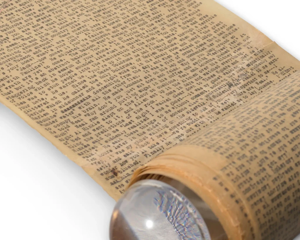 Detalle del manuscrito original de On the Road de Jack Kerouac, escrito en un rollo continuo de papel en 1951