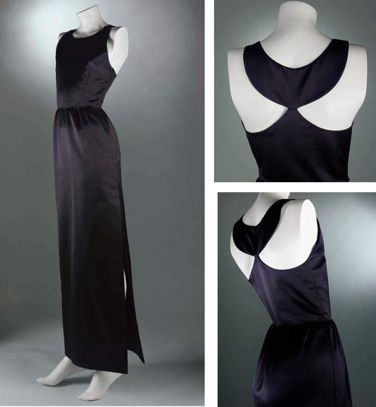 Vistas frontal, posterior y lateral del vestido negro original utilizado por Audrey Hepburn en Breakfast at Tiffany's, diseñado por Hubert de Givenchy.