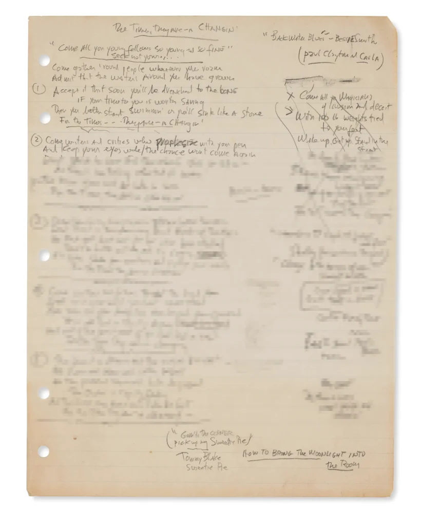 Manuscrito original de las letras de The Times They Are A-Changin' de Bob Dylan con correcciones y anotaciones escritas a mano.