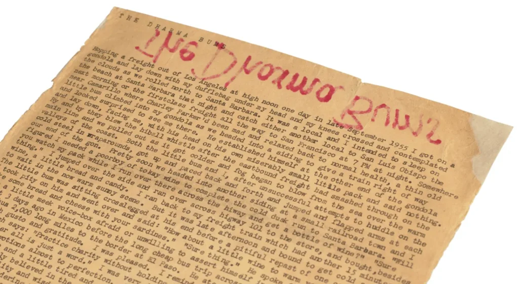 Vista parcial del manuscrito original continuo mecanografiado de The Dharma Bums, de Jack Kerouac, perteneciente a la colección de Jim Irsay.