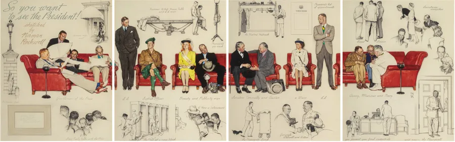 Conjunto de bocetos e ilustraciones preparatorias realizados por Norman Rockwell para la obra So You Want to See the President!, creada en 1943.