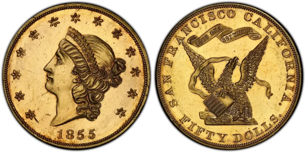 Anverso y reverso de la Kellogg & Co. $50 Gold Coin de 1855, una moneda territorial de oro emitida durante la Fiebre del Oro de California.