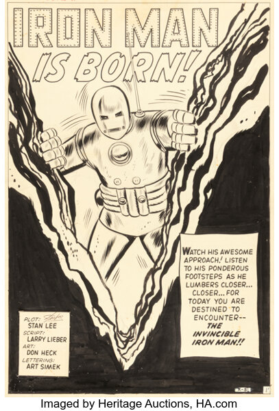 Arte original de Don Heck para la página 1 de Tales of Suspense #39 con la primera aparición de Iron Man en 1963