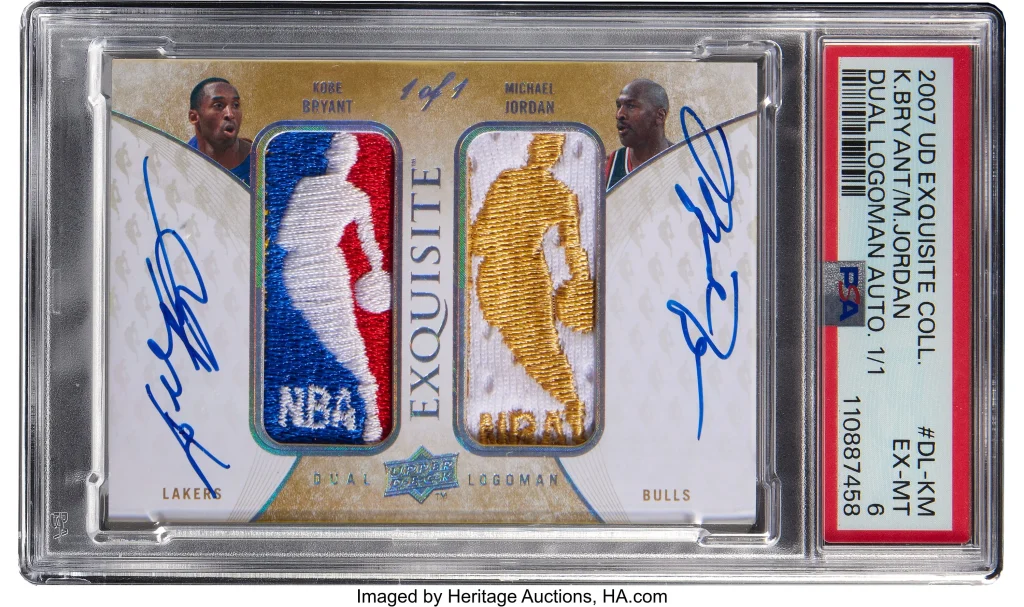 Tarjeta 2007-08 Upper Deck Exquisite Dual Logoman 1/1 de Michael Jordan y Kobe Bryant, firmada por ambos y certificada PSA 6
