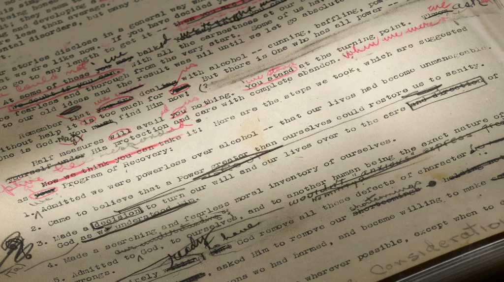 Manuscrito original de trabajo de Alcoholics Anonymous con correcciones manuscritas