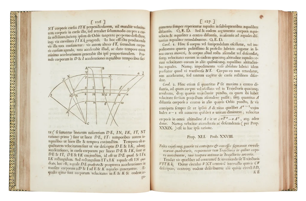 Páginas interiores de la primera edición de Principia Mathematica de Isaac Newton, publicada en 1687, con texto en latín y diagramas matemáticos.